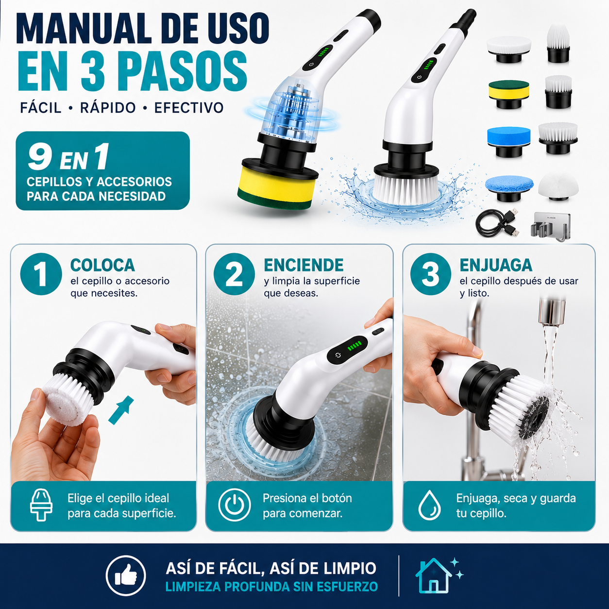 EasyClean™: Cepillo Eléctrico de Limpieza 9 en 1.