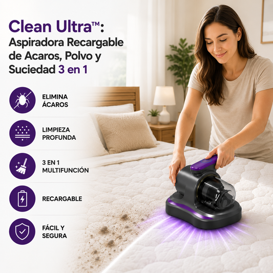 Clean Ultra™: Aspiradora Recargable de Acaros, Polvo y Suciedad 3 en 1