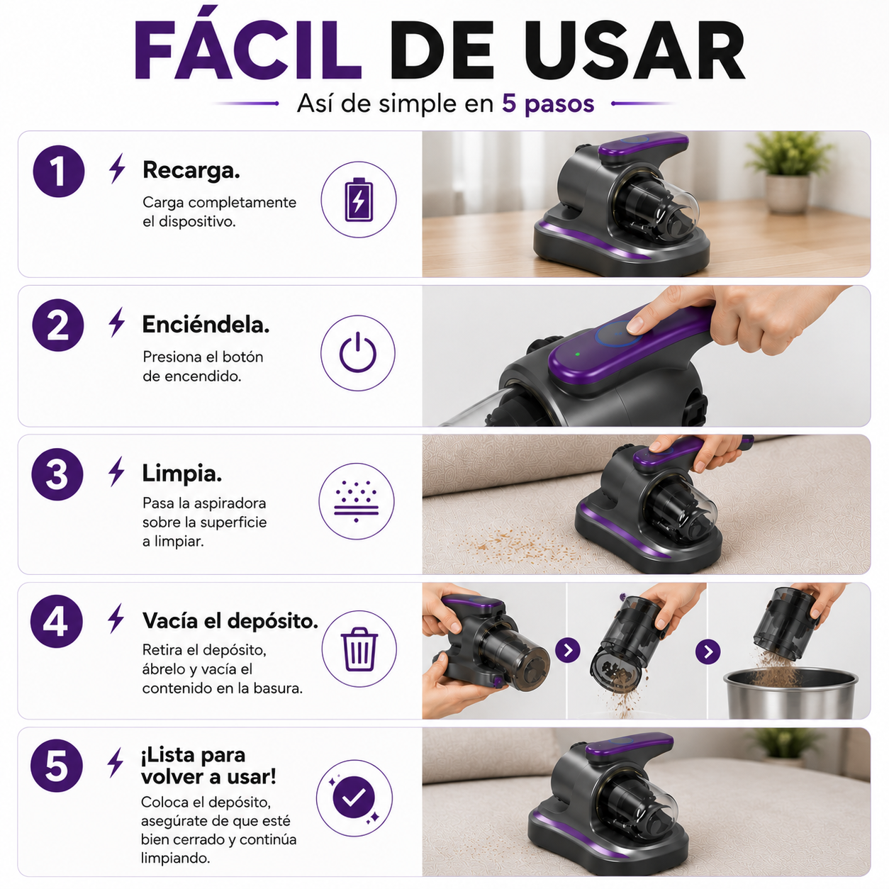 Clean Ultra™: Aspiradora Recargable de Acaros, Polvo y Suciedad 3 en 1