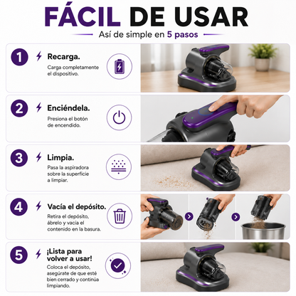 Clean Ultra™: Aspiradora Recargable de Acaros, Polvo y Suciedad 3 en 1