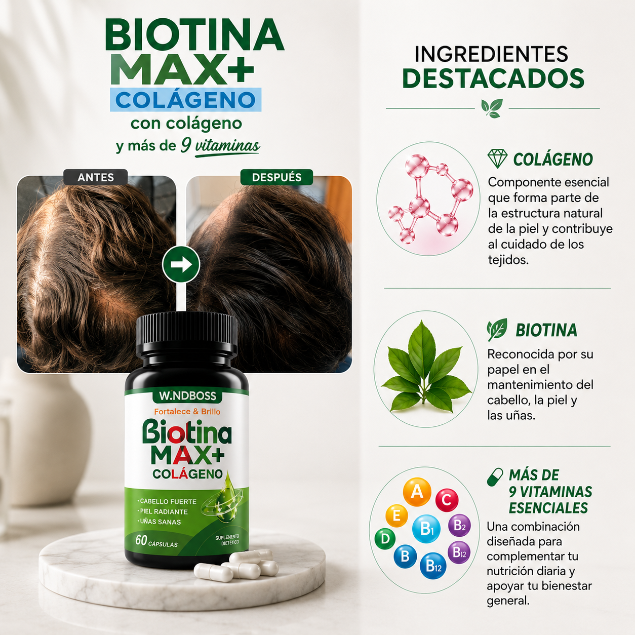 Biotina MAX+ Colagéno: Fortalece, Nutre y Protege.