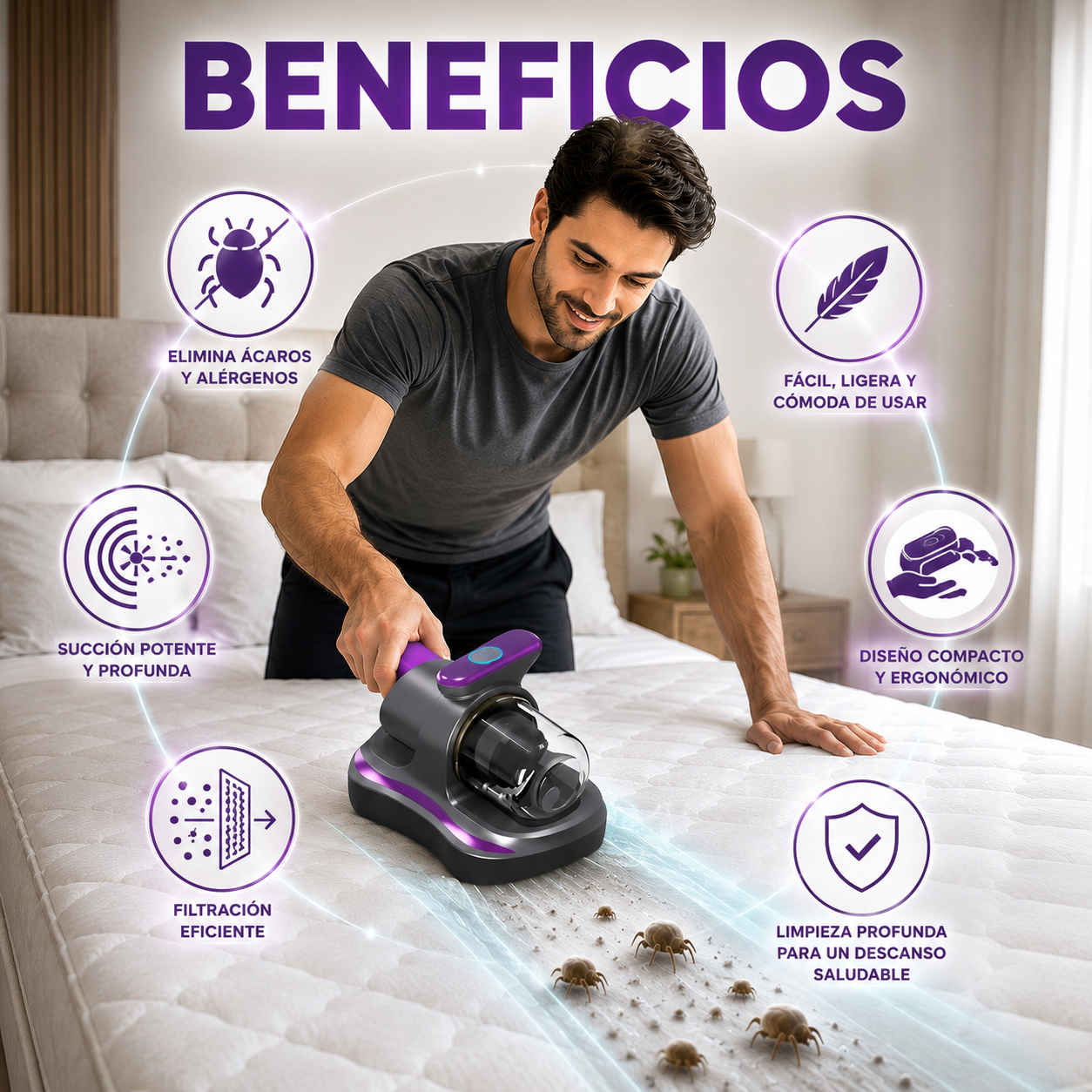 Clean Ultra™: Aspiradora Recargable de Acaros, Polvo y Suciedad 3 en 1