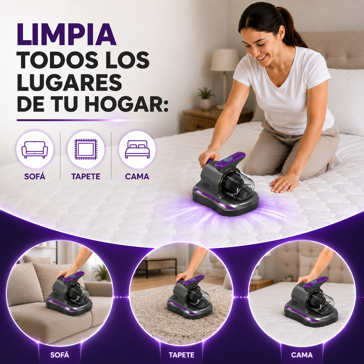 Clean Ultra™: Aspiradora Recargable de Acaros, Polvo y Suciedad 3 en 1