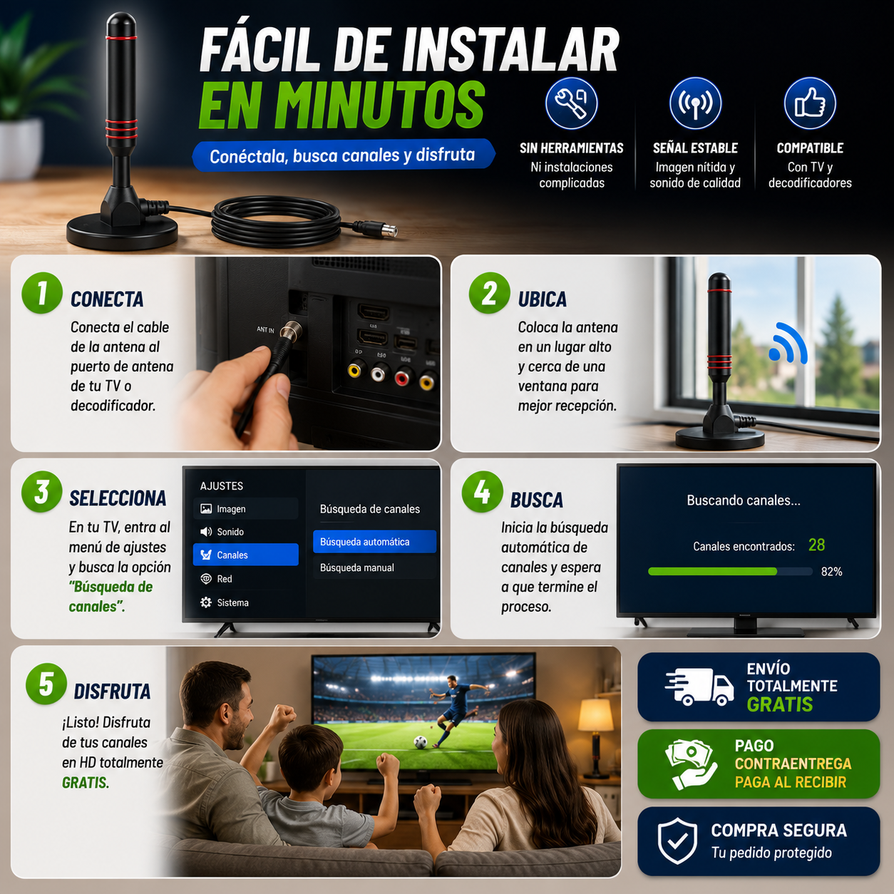 Antena TDT  5M – Disfruta Canales  en HD Gratis con Excelente Recepción